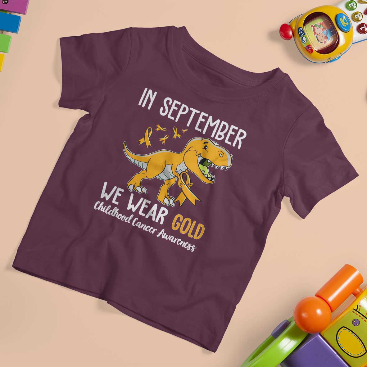 Childhood Cancer Awareness Dinosaur T Shirt For Kid In September We Wear Gold Ribbon Support Kids Warrior - Wonder Print Shop