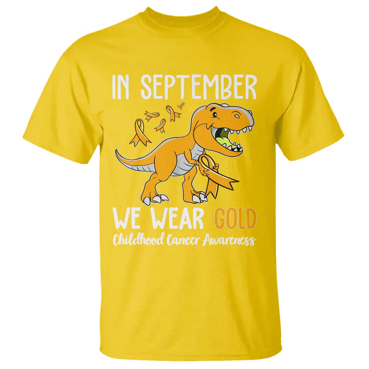 Childhood Cancer Awareness Dinosaur T Shirt In September We Wear Gold Ribbon Support Kids Warrior - Wonder Print Shop