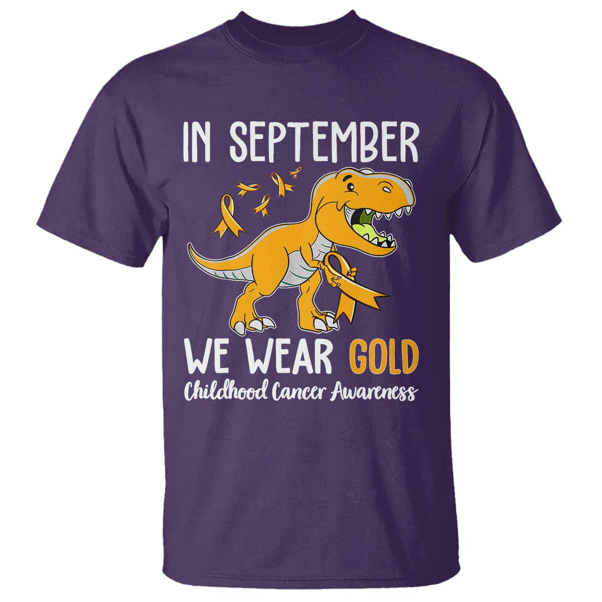 Childhood Cancer Awareness Dinosaur T Shirt In September We Wear Gold Ribbon Support Kids Warrior - Wonder Print Shop