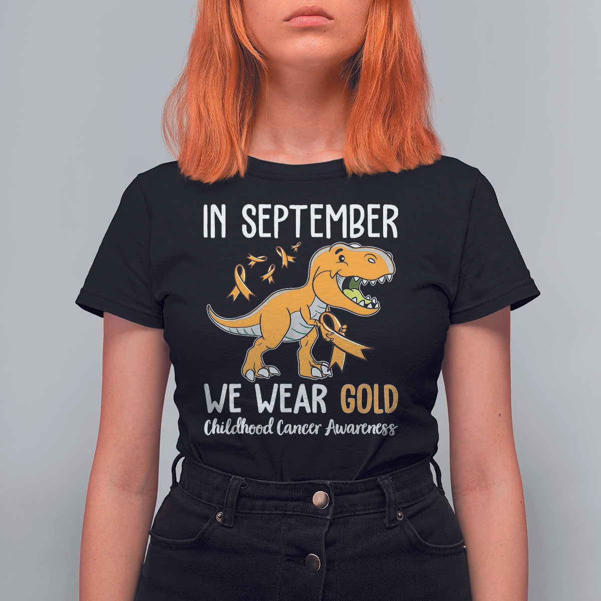 Childhood Cancer Awareness Dinosaur T Shirt For Women In September We Wear Gold Ribbon Support Kids Warrior - Wonder Print Shop