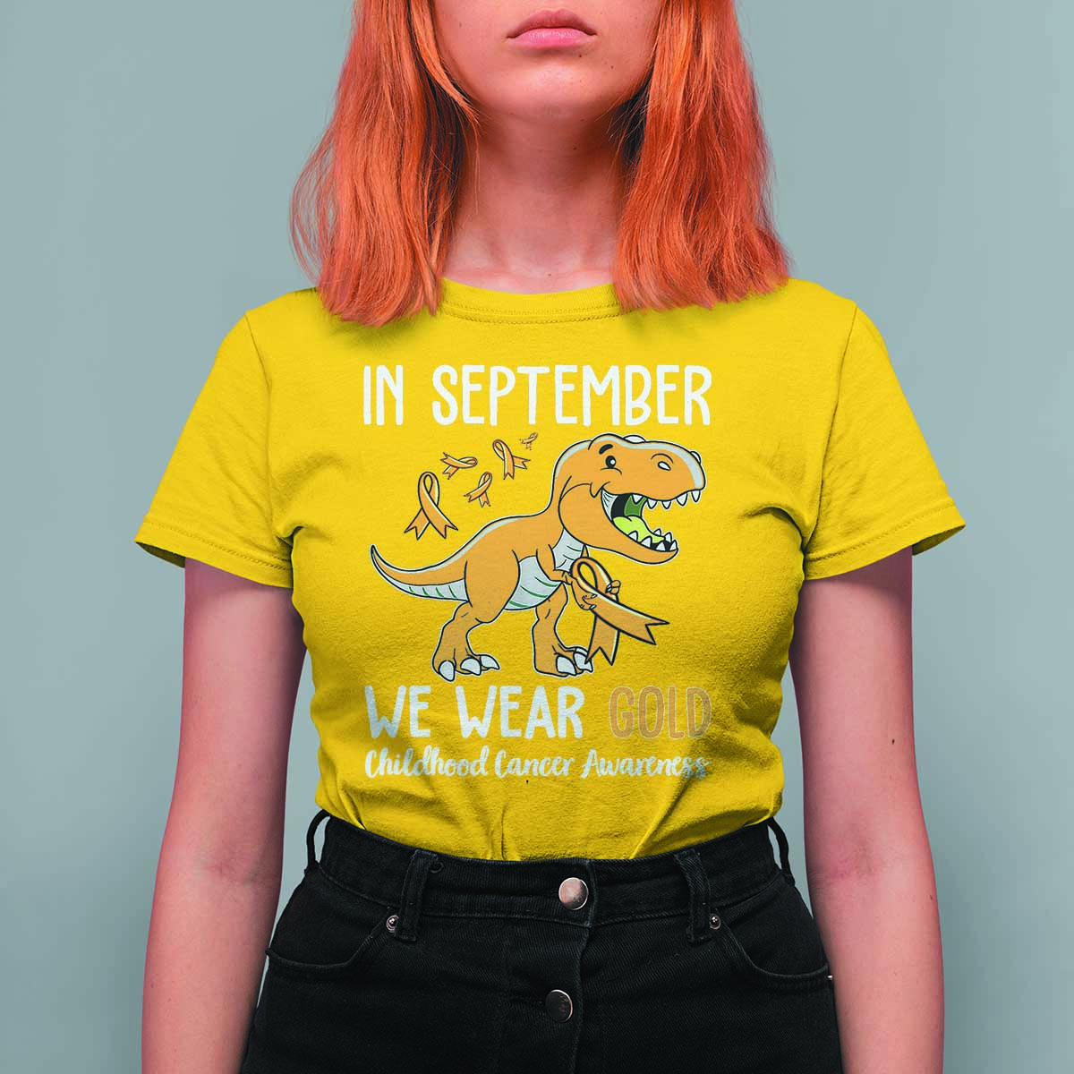 Childhood Cancer Awareness Dinosaur T Shirt For Women In September We Wear Gold Ribbon Support Kids Warrior - Wonder Print Shop