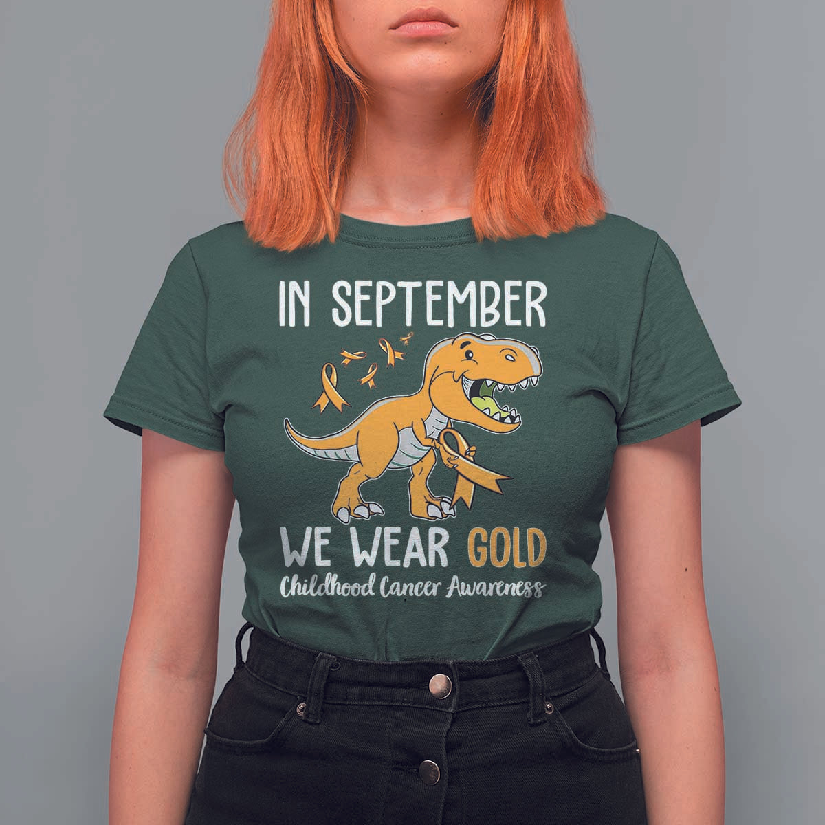 Childhood Cancer Awareness Dinosaur T Shirt For Women In September We Wear Gold Ribbon Support Kids Warrior - Wonder Print Shop