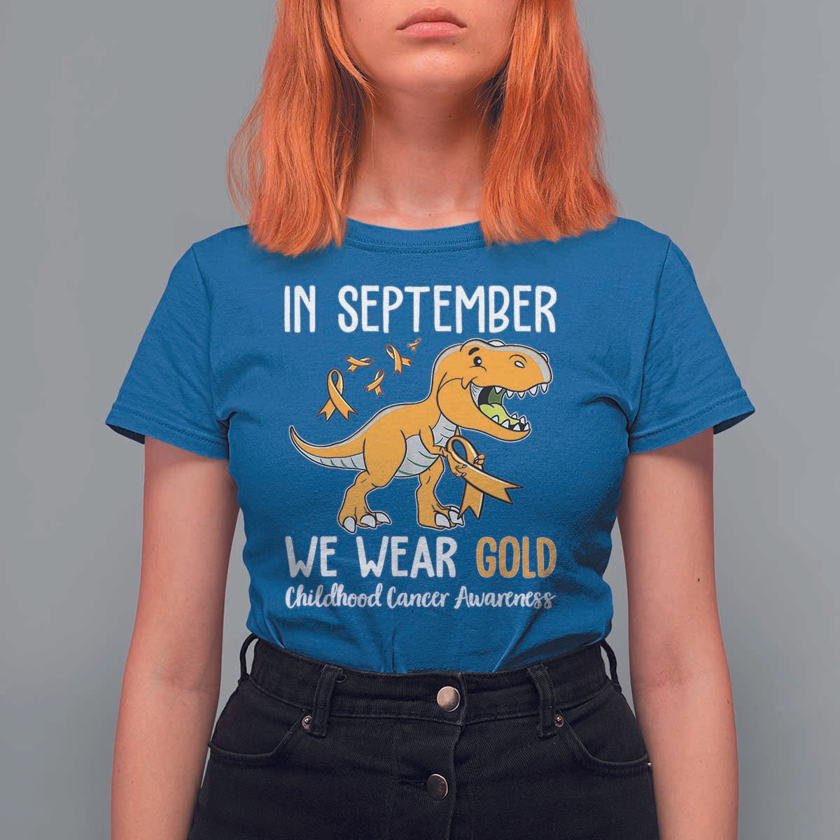 Childhood Cancer Awareness Dinosaur T Shirt For Women In September We Wear Gold Ribbon Support Kids Warrior - Wonder Print Shop
