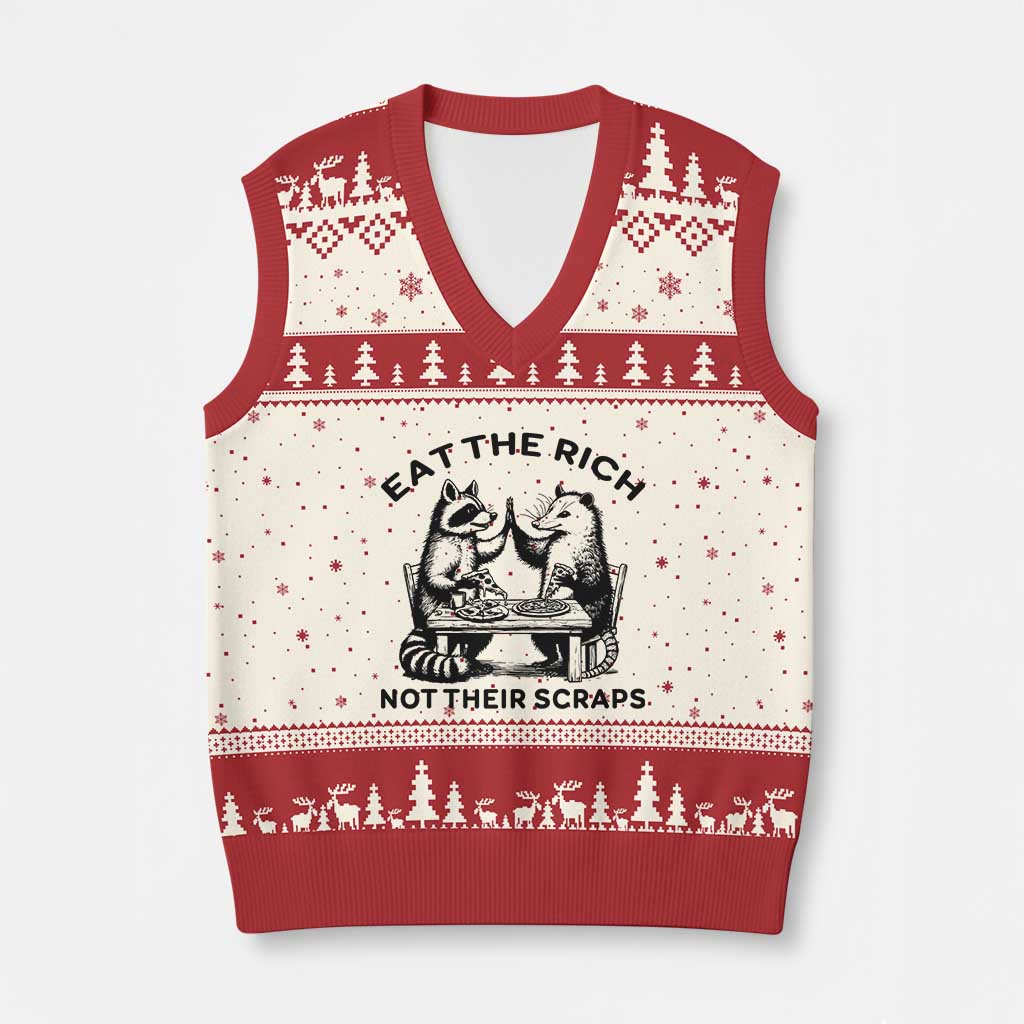 Funny Raccoon Possum Meme V-Neck Knit Sweater Vest Eat The Rich Not Their Scraps Sarcasm Retro Minimalist - Wonder Print Shop