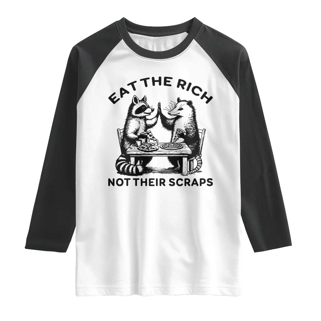 Funny Raccoon Possum Meme Raglan Shirt Eat The Rich Not Their Scraps Sarcasm Retro Minimalist