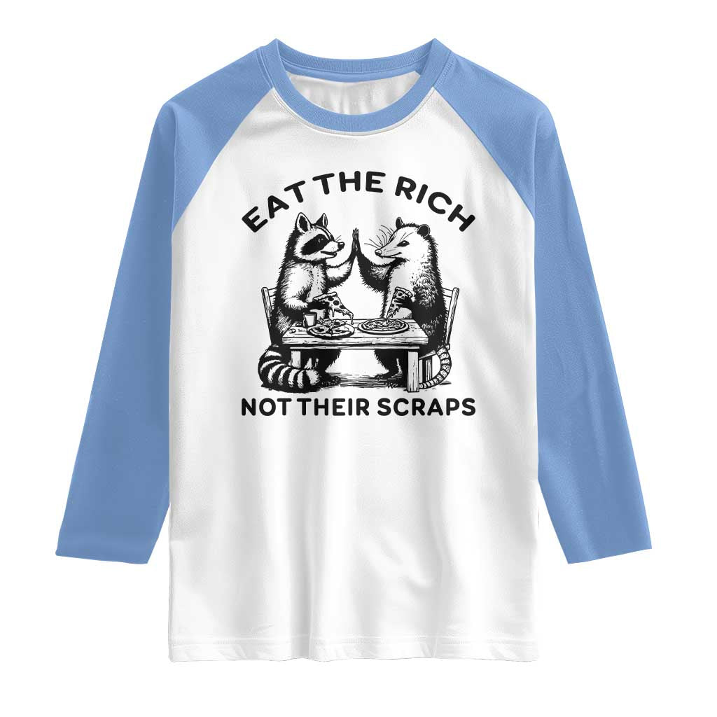 Funny Raccoon Possum Meme Raglan Shirt Eat The Rich Not Their Scraps Sarcasm Retro Minimalist