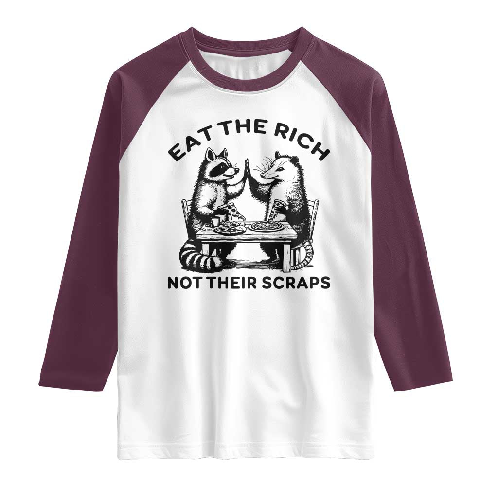 Funny Raccoon Possum Meme Raglan Shirt Eat The Rich Not Their Scraps Sarcasm Retro Minimalist