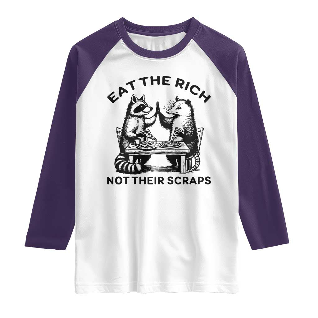 Funny Raccoon Possum Meme Raglan Shirt Eat The Rich Not Their Scraps Sarcasm Retro Minimalist