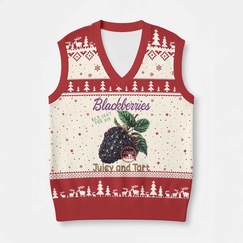 Fresh Juicy Blackberries V-Neck Knit Sweater Vest Retro Vintage Backberry Farmers Market - Wonder Print Shop