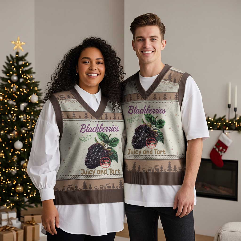 Fresh Juicy Blackberries V-Neck Knit Sweater Vest Retro Vintage Backberry Farmers Market - Wonder Print Shop