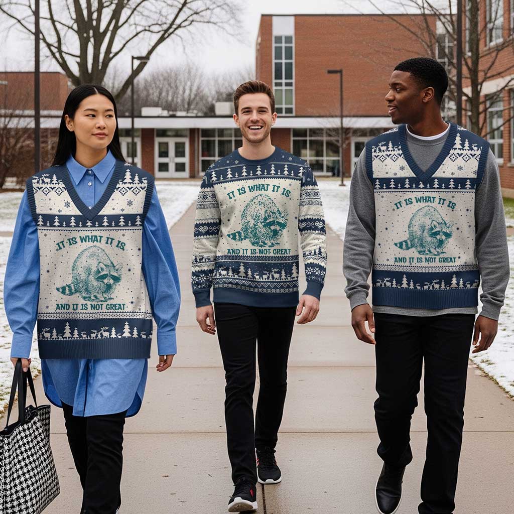 Funny Raccoon Meme It Is What It Is V-Neck Knit Sweater Vest And It Is Not Great Mental Health Support - Wonder Print Shop