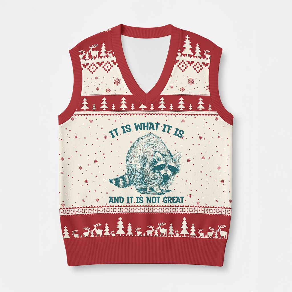 Funny Raccoon Meme It Is What It Is V-Neck Knit Sweater Vest And It Is Not Great Mental Health Support - Wonder Print Shop