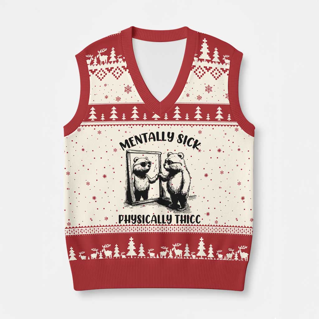 Mentally Sick Physically Thick V-Neck Knit Sweater Vest Retro Vintage Silly Raccoon Weird Meme - Wonder Print Shop