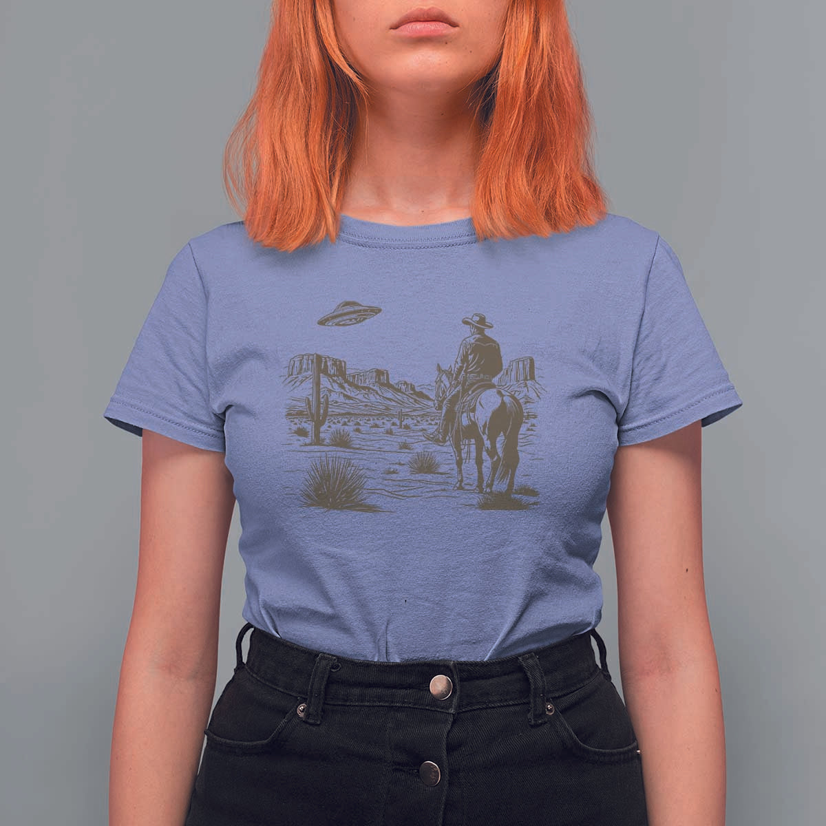 UFO Western Cowboy T Shirt For Women Rodeo Wild West Retro Vintage Graphic