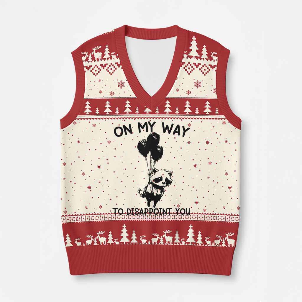Funny Raccoon 90s Trash Panda V-Neck Knit Sweater Vest On My Way To Disappoint You Mental Health Meme - Wonder Print Shop