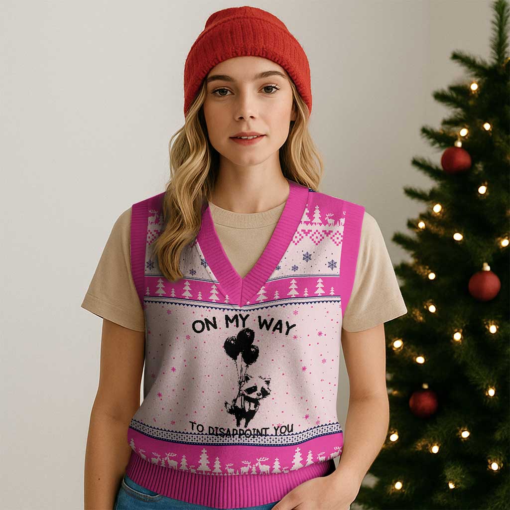 Funny Raccoon 90s Trash Panda V-Neck Knit Sweater Vest On My Way To Disappoint You Mental Health Meme - Wonder Print Shop