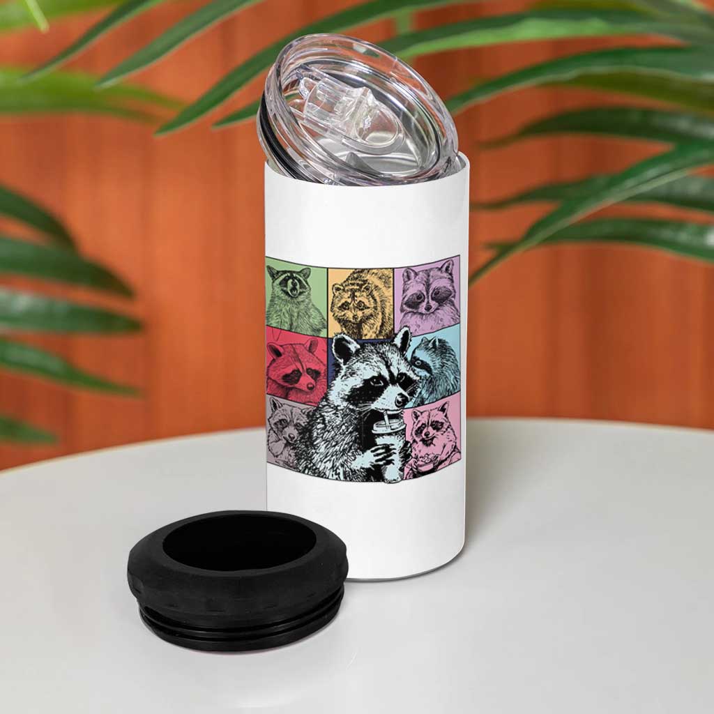 Raccoon Drinking Coffee Graphic 4 in 1 Can Cooler Tumbler Funny Trash Panda Retro 90s Style - Wonder Print Shop