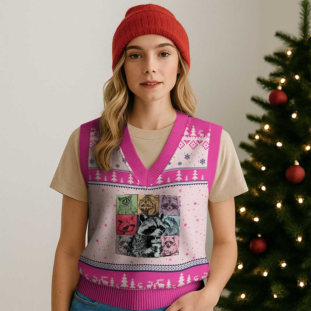 Raccoon Drinking Coffee Graphic V-Neck Knit Sweater Vest Funny Trash Panda Retro 90s Style - Wonder Print Shop