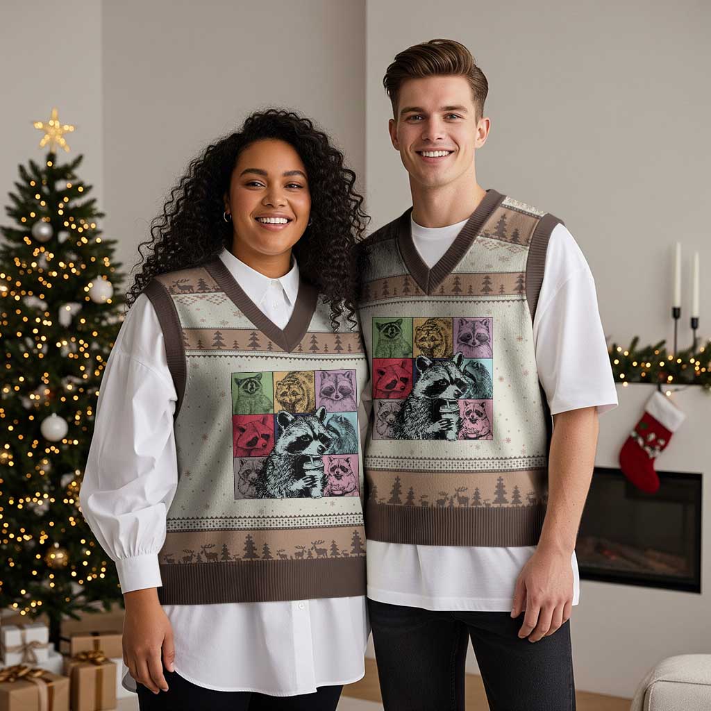 Raccoon Drinking Coffee Graphic V-Neck Knit Sweater Vest Funny Trash Panda Retro 90s Style - Wonder Print Shop