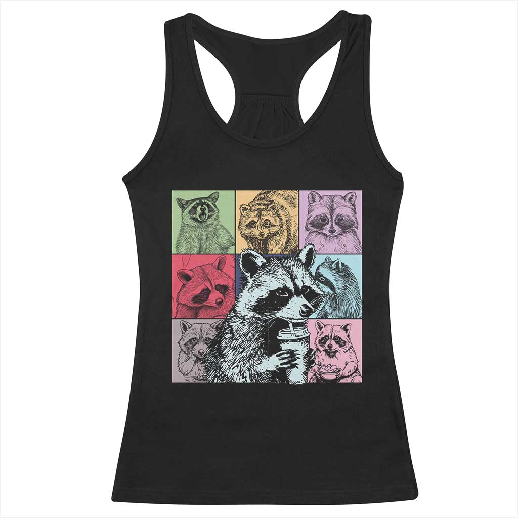 Raccoon Drinking Coffee Graphic Racerback Tank Top Funny Trash Panda Retro 90s Style - Wonder Print Shop