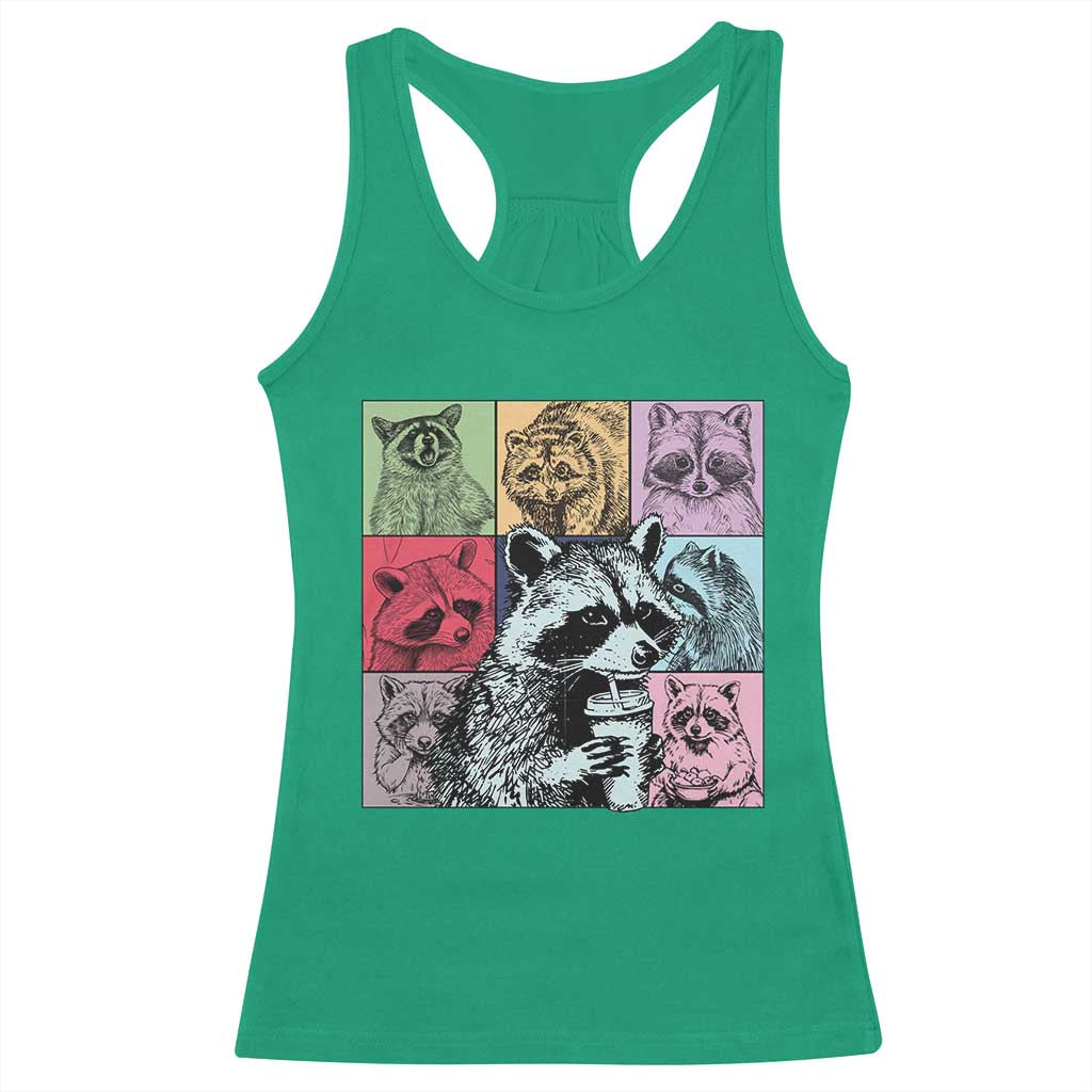 Raccoon Drinking Coffee Graphic Racerback Tank Top Funny Trash Panda Retro 90s Style - Wonder Print Shop