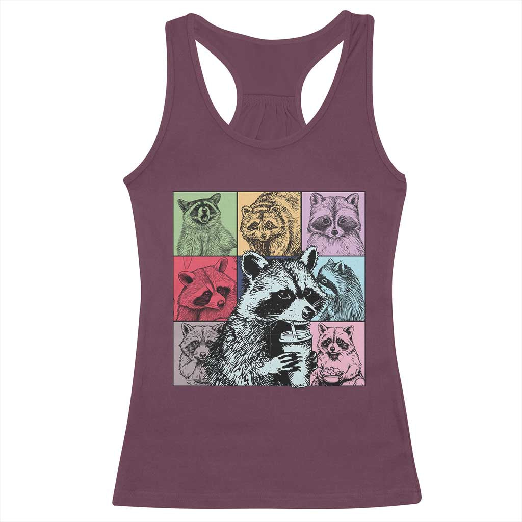 Raccoon Drinking Coffee Graphic Racerback Tank Top Funny Trash Panda Retro 90s Style - Wonder Print Shop