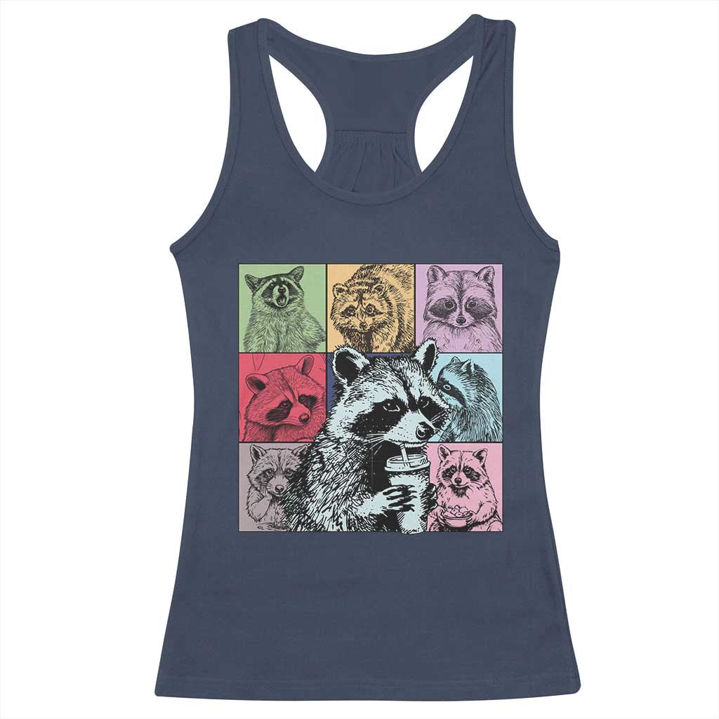 Raccoon Drinking Coffee Graphic Racerback Tank Top Funny Trash Panda Retro 90s Style - Wonder Print Shop