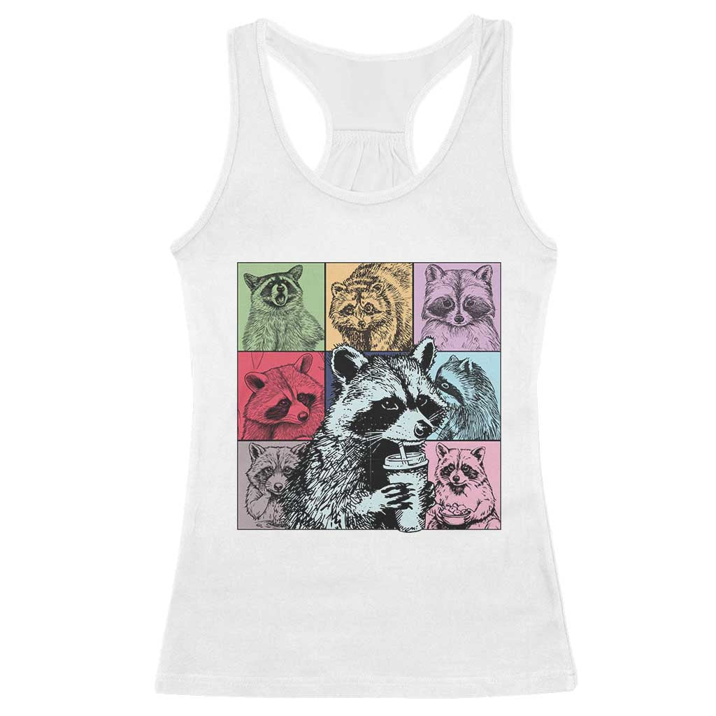 Raccoon Drinking Coffee Graphic Racerback Tank Top Funny Trash Panda Retro 90s Style - Wonder Print Shop