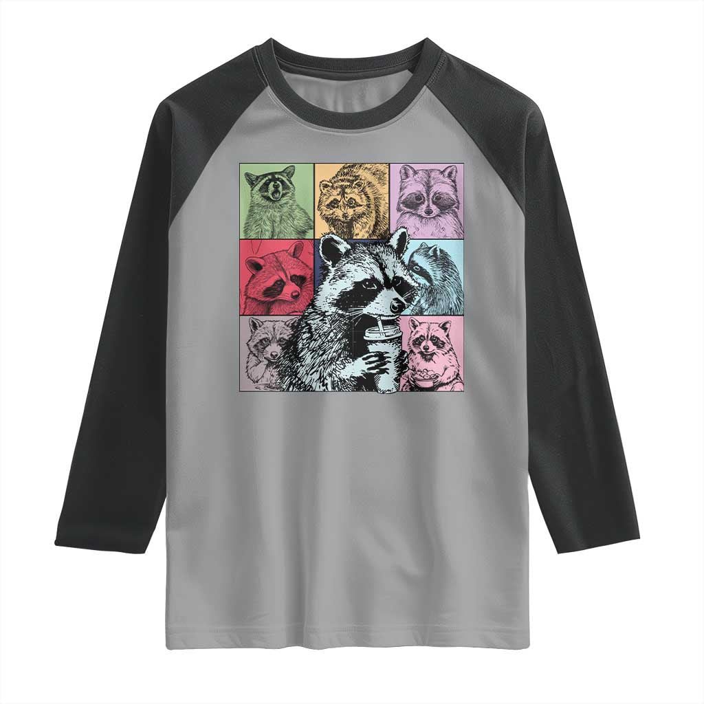 Raccoon Drinking Coffee Graphic Raglan Shirt Funny Trash Panda Retro 90s Style - Wonder Print Shop