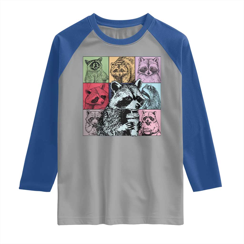 Raccoon Drinking Coffee Graphic Raglan Shirt Funny Trash Panda Retro 90s Style - Wonder Print Shop