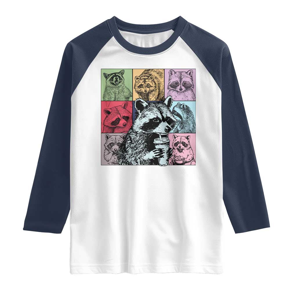 Raccoon Drinking Coffee Graphic Raglan Shirt Funny Trash Panda Retro 90s Style - Wonder Print Shop