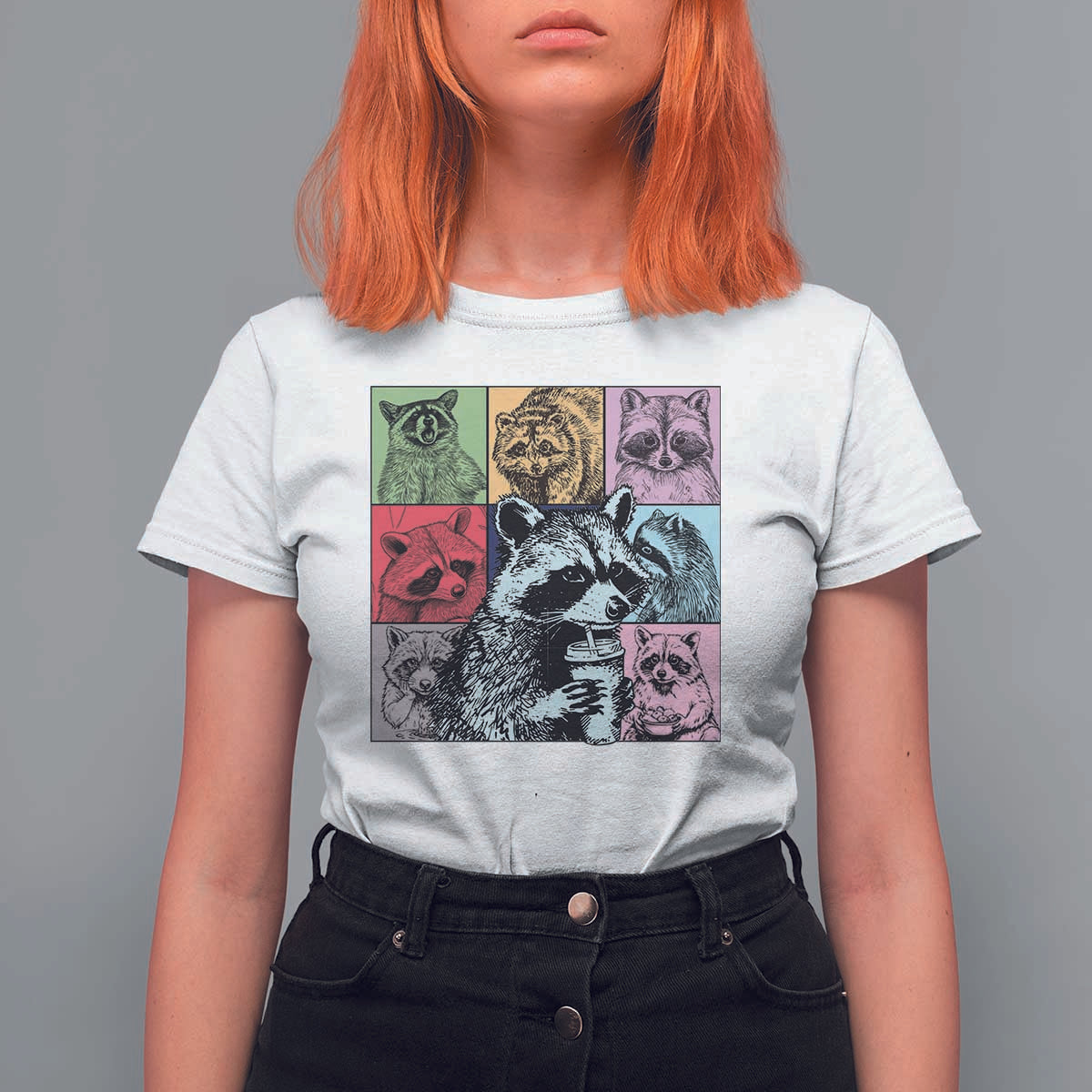 Raccoon Drinking Coffee Graphic T Shirt For Women Funny Trash Panda Retro 90s Style - Wonder Print Shop