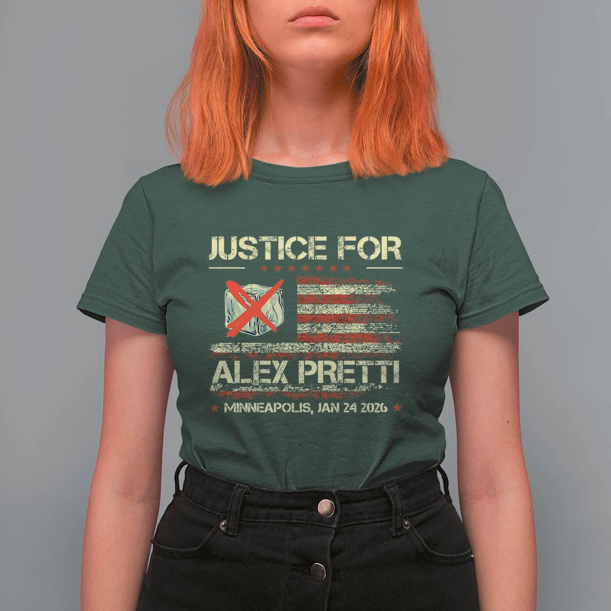 Justice for Alex Pretti Abolish Ice Protest T Shirt For Women Minneapolis Jan 24 2026 American Flag