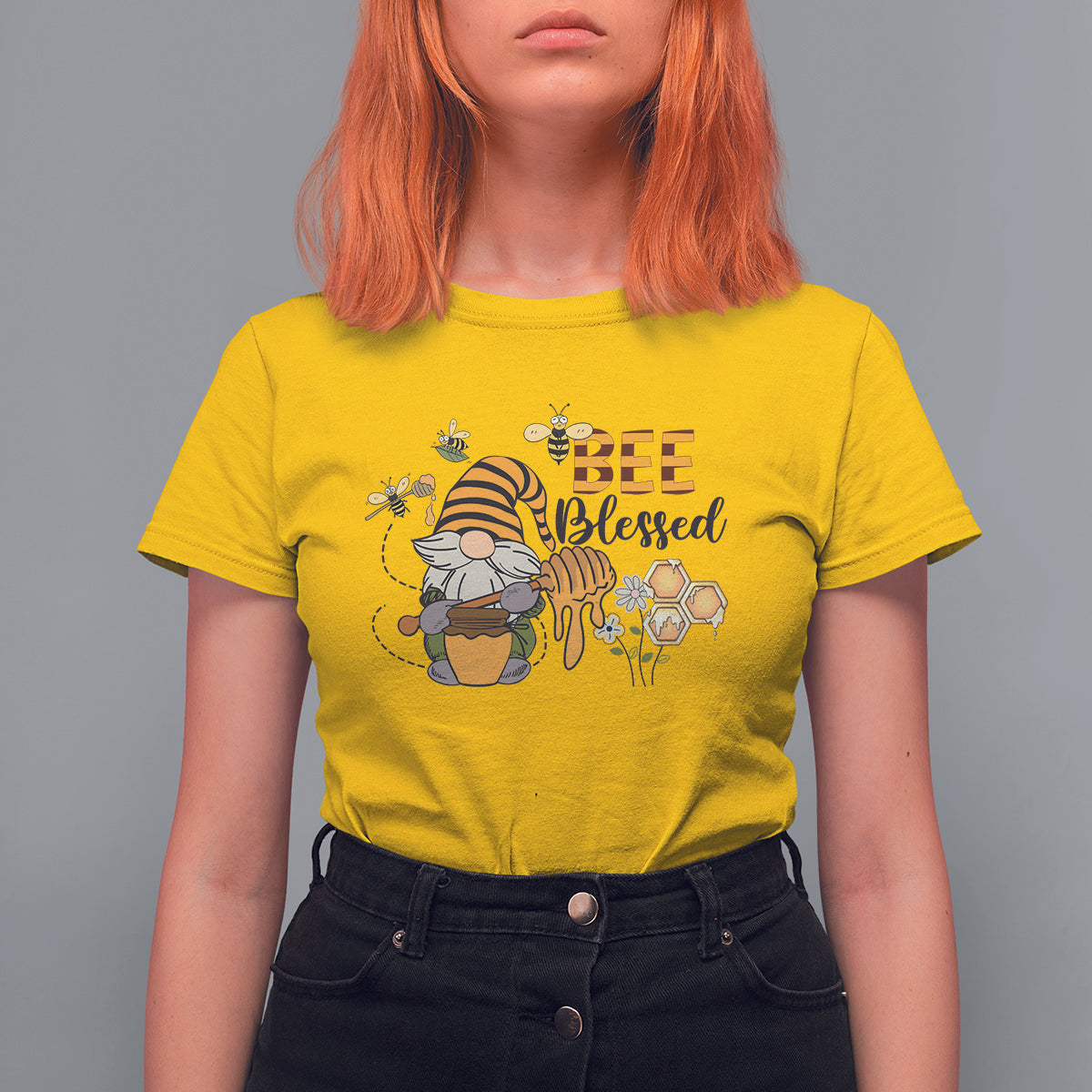 Daisy yellow women's bee gnome beekeeper T-shirt with honey jar graphic and “Bee Blessed” text