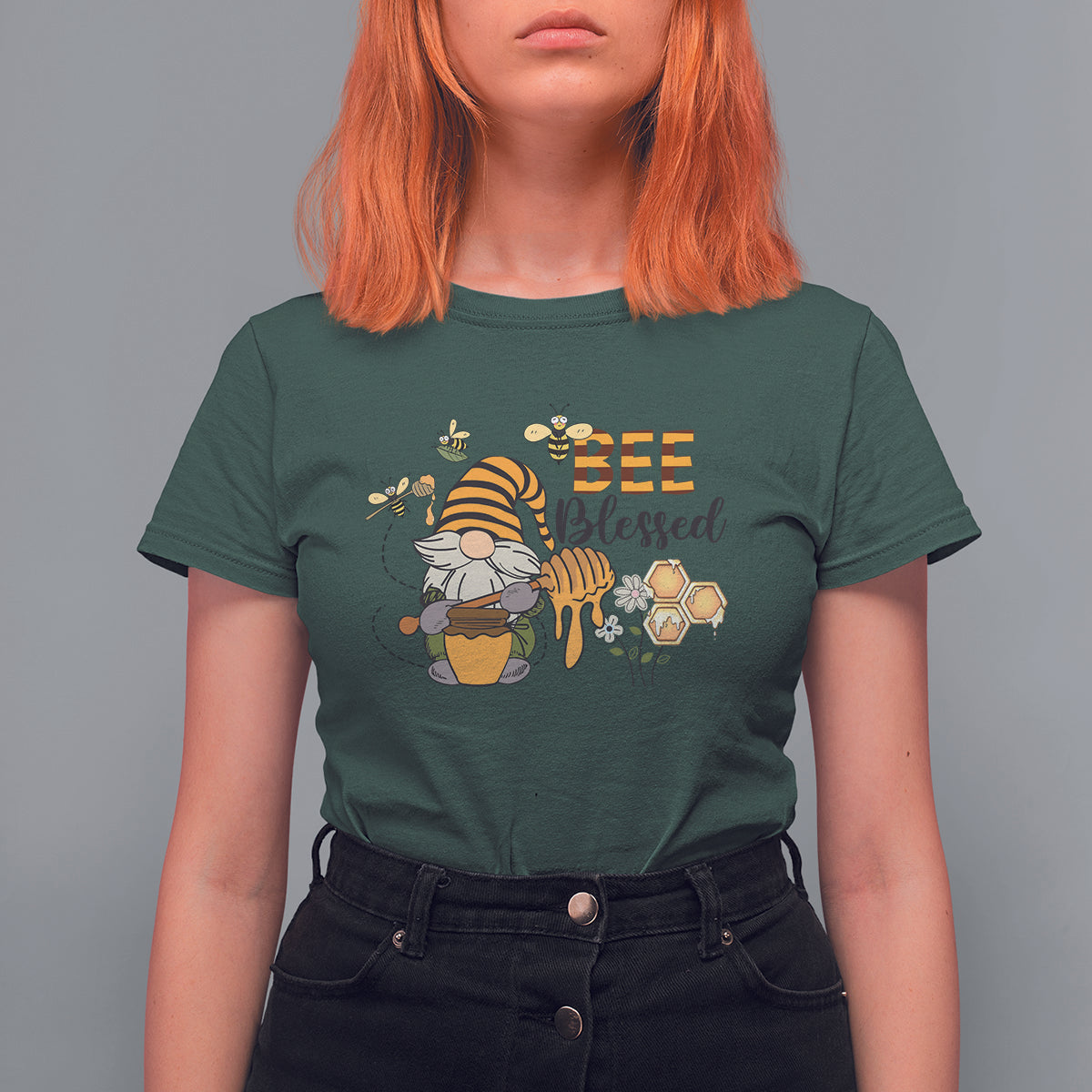 Dark forest green women's bee gnome beekeeper T-shirt with honey jar graphic and “Bee Blessed” text