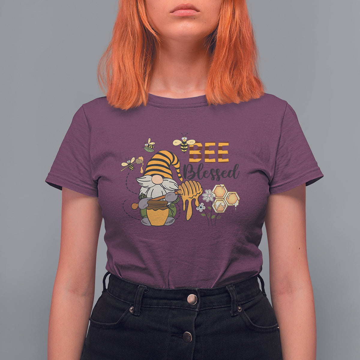 Maroon women's bee gnome beekeeper T-shirt with honey jar graphic and “Bee Blessed” text