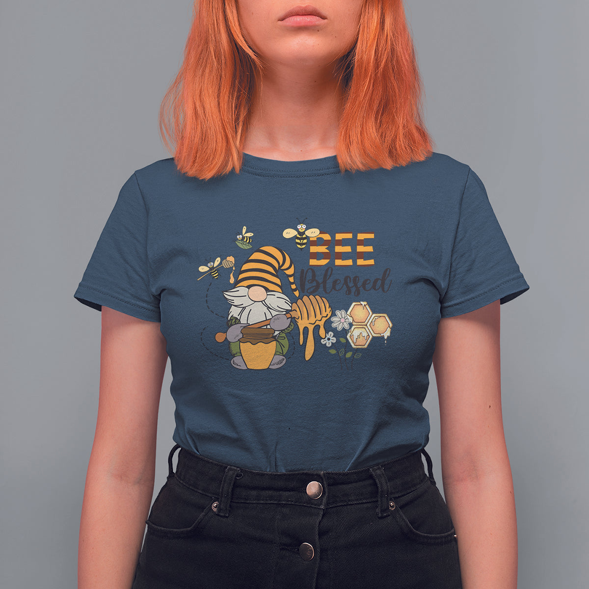 Navy women's bee gnome beekeeper T-shirt with honey jar graphic and “Bee Blessed” text