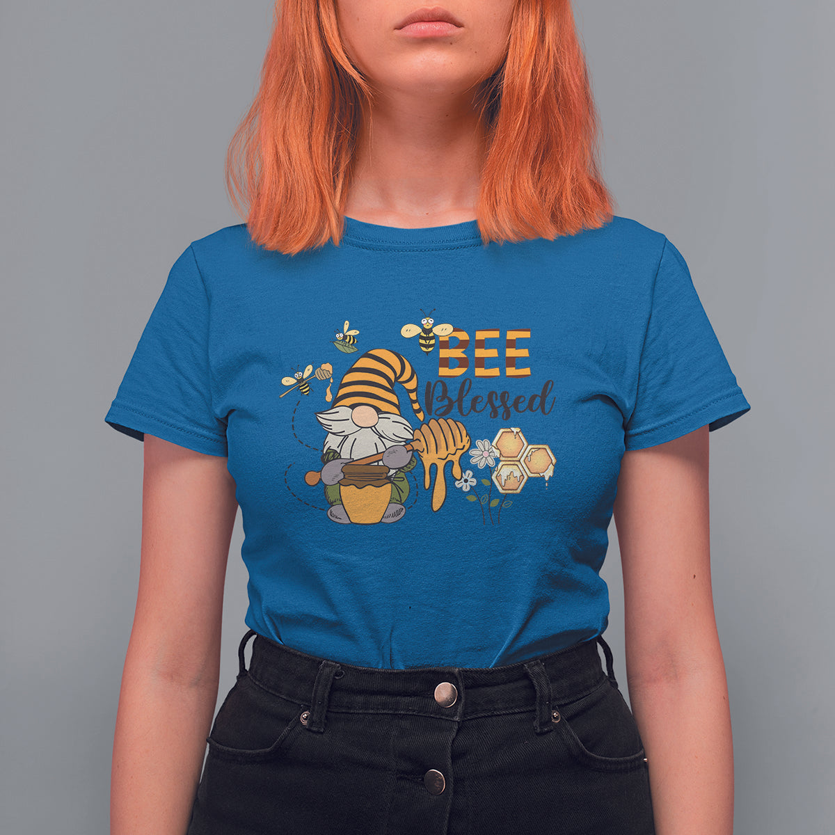 Royal blue women's bee gnome beekeeper T-shirt with honey jar graphic and “Bee Blessed” text