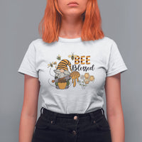 White women's bee gnome beekeeper T-shirt with honey jar graphic and “Bee Blessed” text