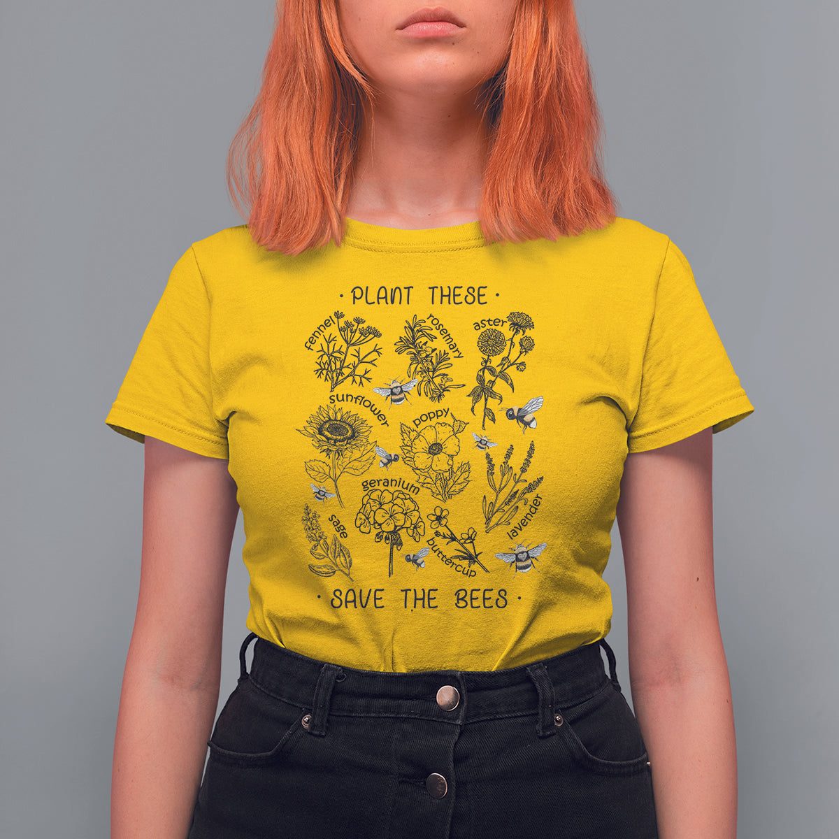 Women’s daisy yellow gardening graphic T-shirt with bees, flowers, and “SAVE THE BEES” text