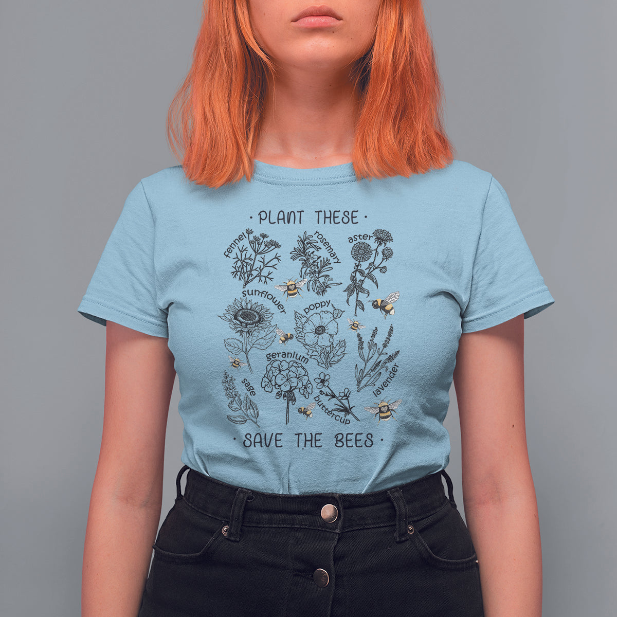 Women’s light blue gardening graphic T-shirt with bees, flowers, and “SAVE THE BEES” text