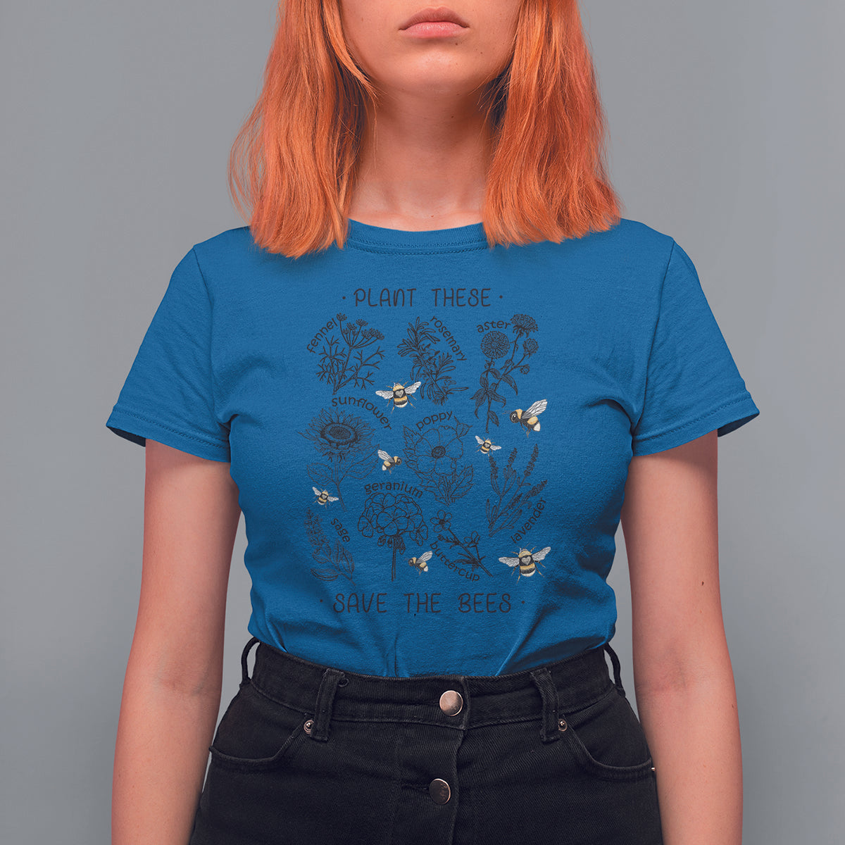 Women’s royal blue gardening graphic T-shirt with bee and flower artwork, “SAVE THE BEES”