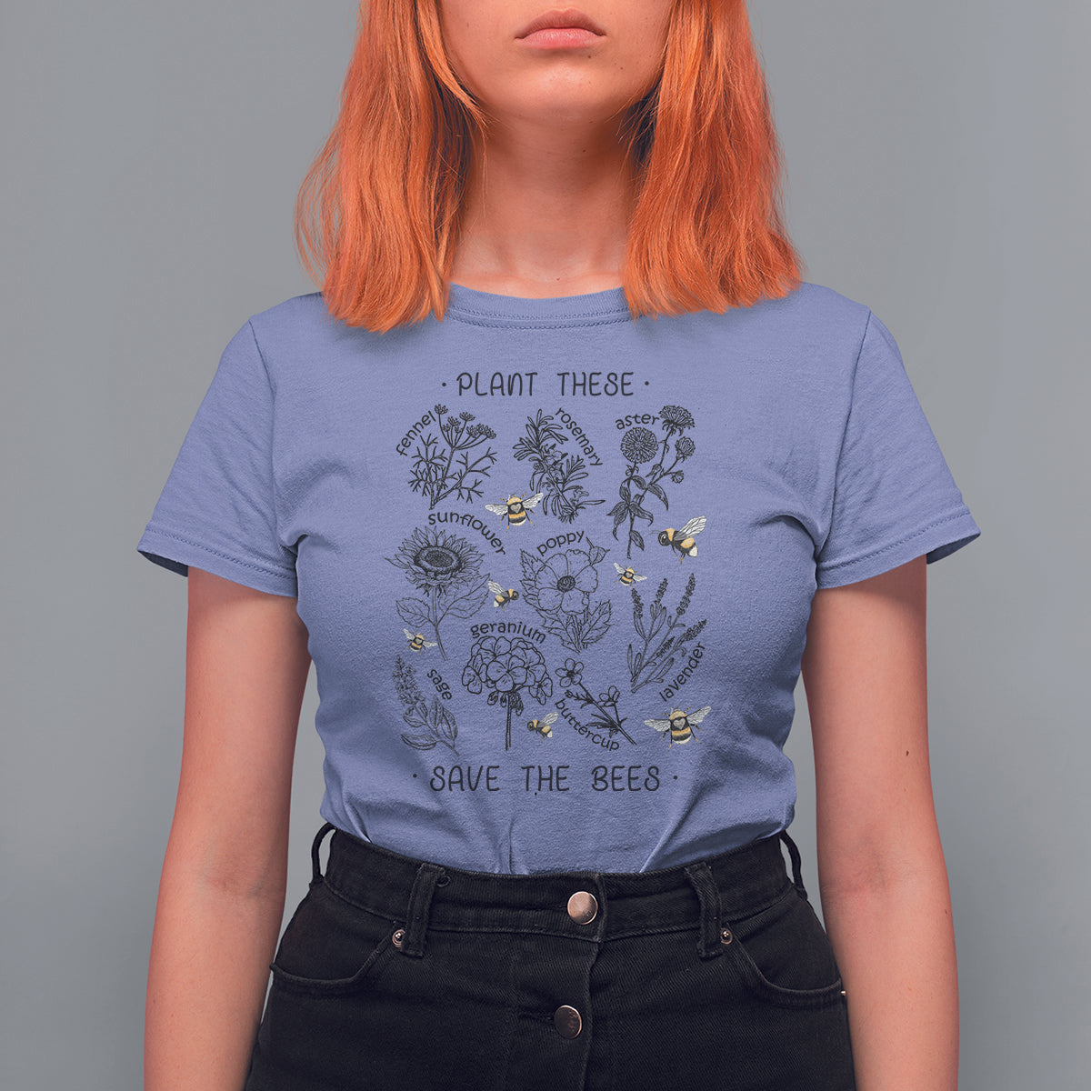 Women’s violet gardening graphic T-shirt with bees, flowers, and “SAVE THE BEES” text