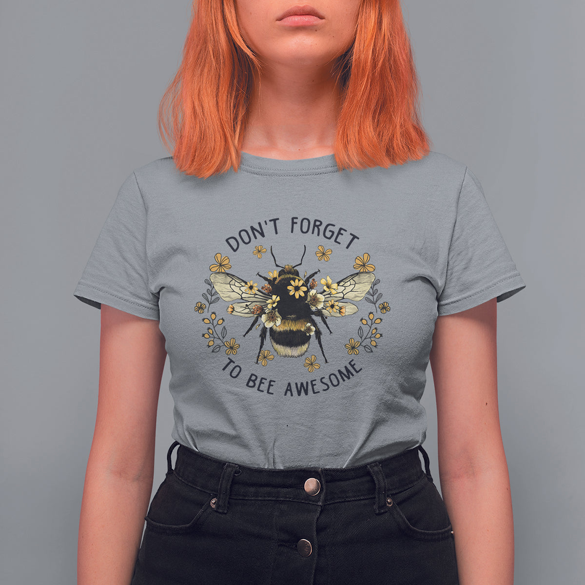 Women's short-sleeve T-shirt in sport gray, front bee floral graphic with 'Don't forget to bee awesome'.