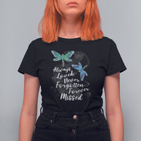 Women’s dragonfly memorial T-shirt, black with teal dragonfly graphic and heart text