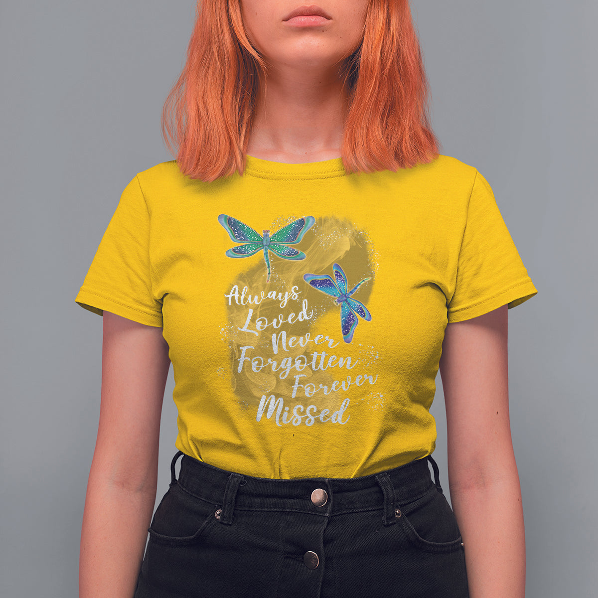 Women’s dragonfly memorial T-shirt, yellow with teal dragonfly graphic and cursive message