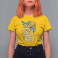 Women’s dragonfly memorial T-shirt, yellow with teal dragonfly graphic and cursive message