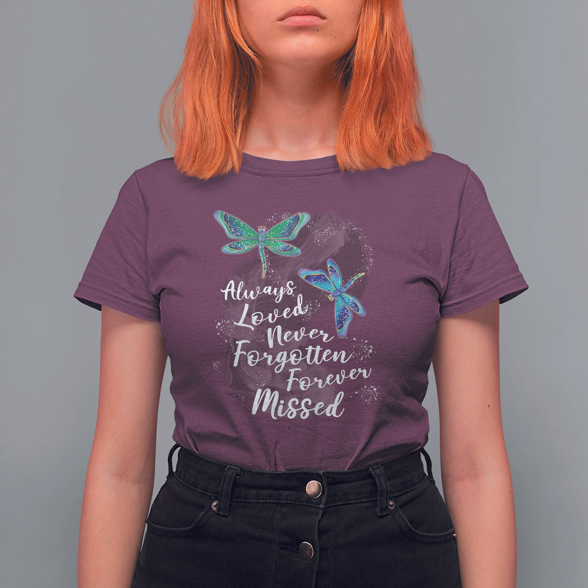 Women’s dragonfly memorial T-shirt, purple with teal dragonfly graphic and cursive text