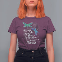 Women’s dragonfly memorial T-shirt, purple with teal dragonfly graphic and cursive text