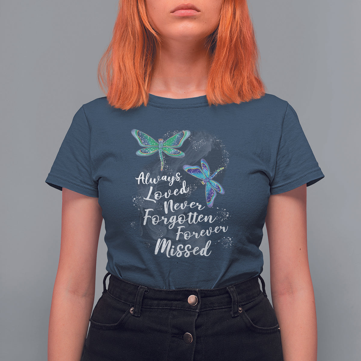 Women’s dragonfly memorial T-shirt, navy with teal dragonfly graphic and cursive message